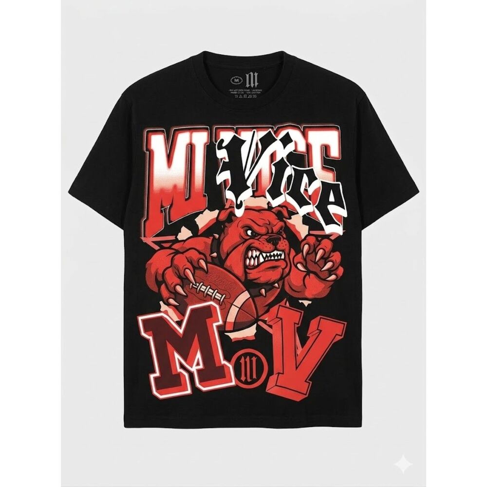 Mi Vice by Evil Vice Bulldog Football T-Shirt Medium Black Graphic Tee NWOT